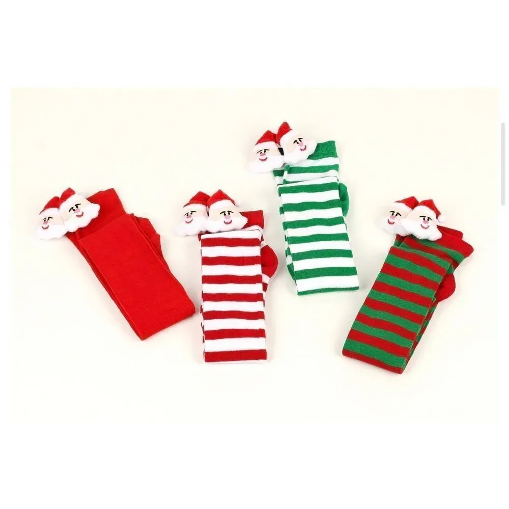 1 PAIR LEFT!! Women's Holiday Green & White Striped Santa Over The Knee Sock